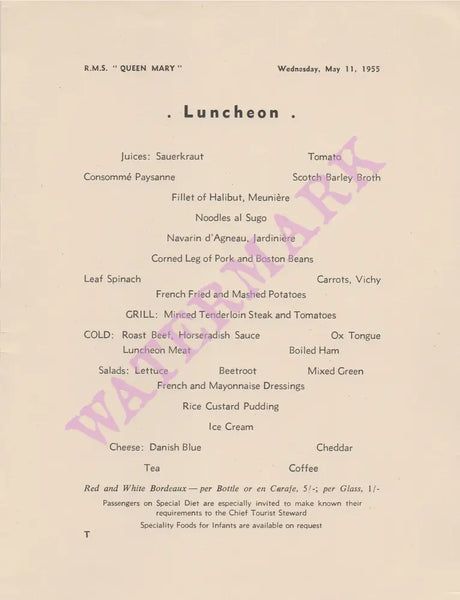 Queen Mary 1955 lunch menu