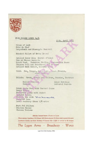 Lygon Arms, Broadway 1962 Menu