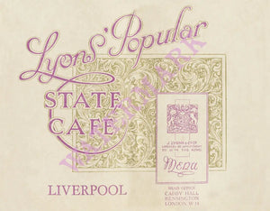 Lyons' Popular State Café, Liverpool, 1928 Menu Art