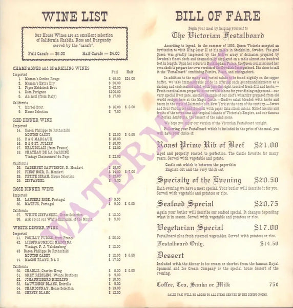 Magic Castle, Hollywood 1980s Menu