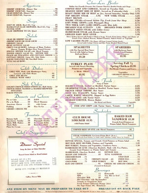 Malibu Inn, Malibu 1964 Menu