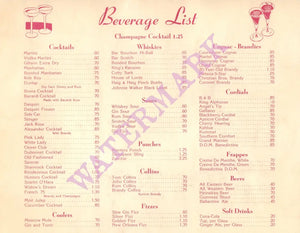 Malibu Rendezvous, Malibu 1960s Drinks menu