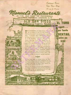 Manuel's, San Diego 1960s Menu