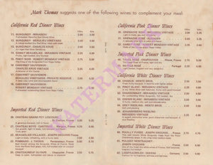 Mark Thomas' Hearthstone, Carmel-by-the Sea, 1960s Wine List