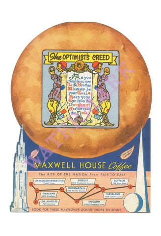 Mayflower Donuts Optimist’s Creed Rear Cover World’s Fairs 1939 Vintage Americana Menus