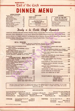 Tail o' The Cock, Los Angeles 1950s/60s Dinner Menu