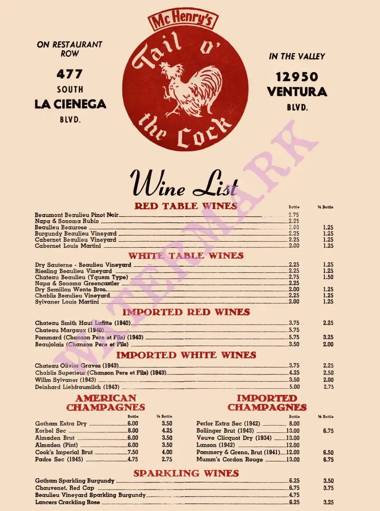Tail o' The Cock, Los Angeles 1950s/60s Wine List Chateau Margaux 1940 