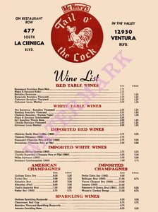 Tail o' The Cock, Los Angeles 1950s/60s Wine List Chateau Margaux 1940 