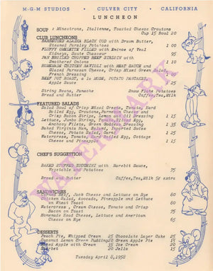 MGM Studio Menu, Culver City 1958 Menu 