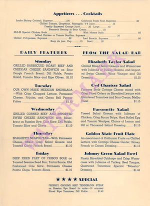 MGM Studio Menu, Culver City 1958 Menu