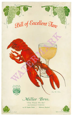 Miller Bros. Baltimore, 1942 Vintage Menu