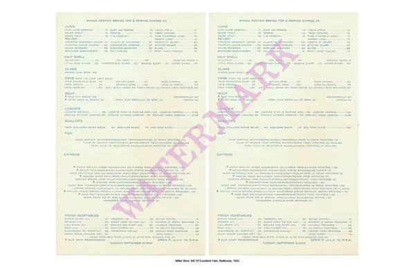 Miller Bros, Baltimore 1942 menu