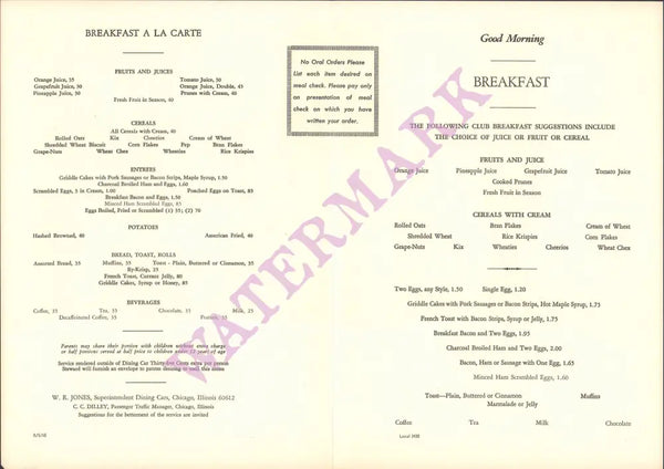 Milwaukee Road Rail Service, 1965 | Vintage Menu Art - breakfast menu