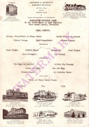 Naniboujou Superior Lodge, Lake Superior 1948 Arthur L Roberts Hotels Menu
