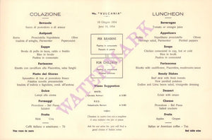 MN Vulcania, La Riviera Ligure - Santa Margherita 1954 Luncheon Menu