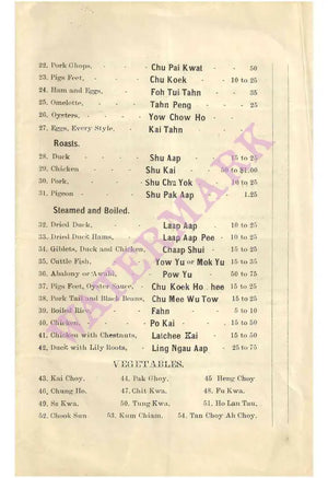 Mon Lay Won Co, New York, 1910 menu
