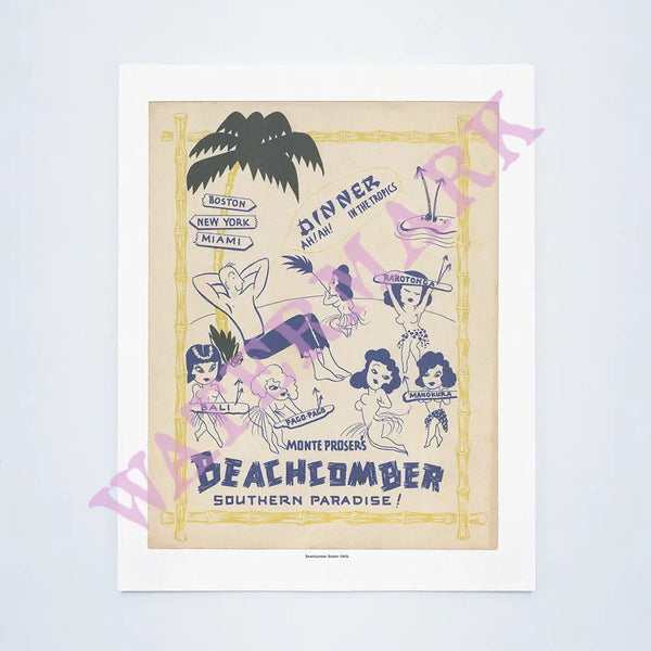Monte Proser's Beachcomber, Boston, 1940s Vintage Menu Art