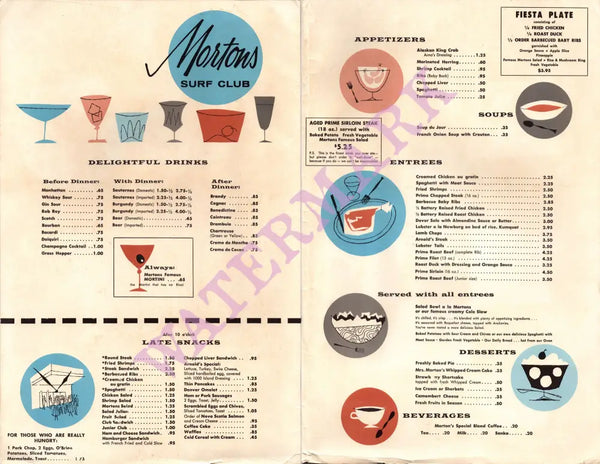 Morton's Surf Club, Chicago 1960s Menu