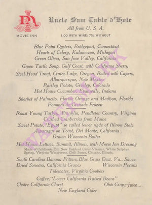 Movie Inn, Chicago 1910s Uncle Sam menu