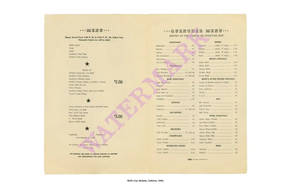 Muff's Club, Modesto, California, 1940s Menu Interior