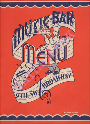Music Bar, New York Upper West Side 1941 Menu Art