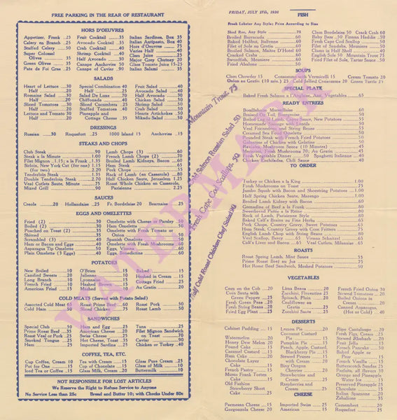 Musso & Franks Grill, Hollywood 1936 Menu