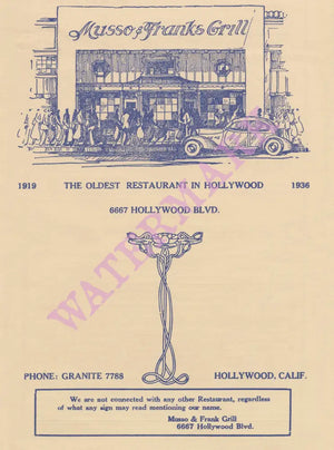 Musso & Franks Grill, Hollywood 1936 Menu Art