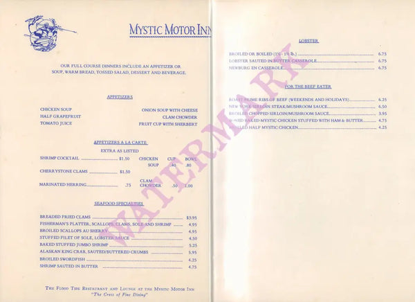 Mystic Motor Inn, Mystic 1970s Menu