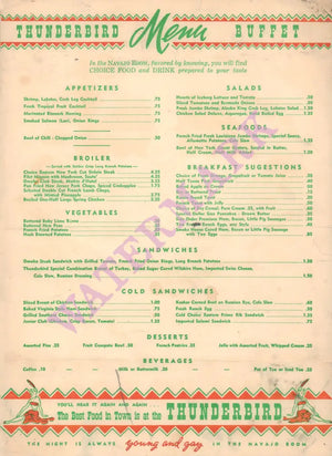 Navajo Room, Thunderbird Hotel Las Vegas 1950s Menu