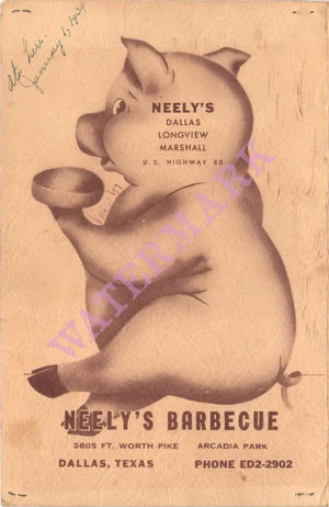 Neely's Barbecue, Dallas 1954 Menu Art