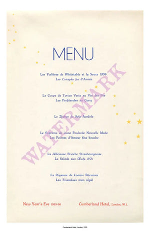 New Year's Eve 1935-36, Cumberland Hotel, London Menu