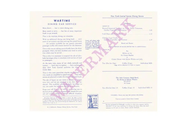 New York Central System WW2 1943 Dining Car Menu
