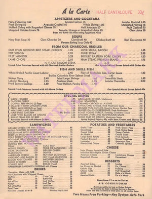Nickodell, Hollywood 1956 menu
