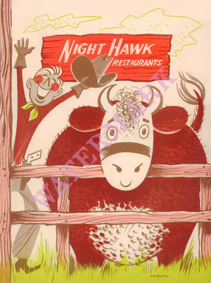 Night Hawk Kids Menu, Austin 1970s  Menu Art