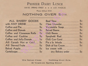 Nothing Over 5cts Pioneer Dairy Lunch Los Angeles 1935 Vintage Americana Menus