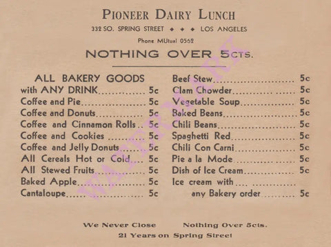 Nothing Over 5cts Pioneer Dairy Lunch Los Angeles 1935 Vintage Americana Menus