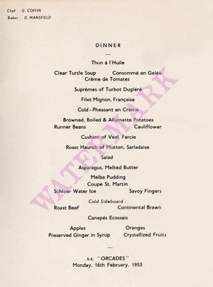 Orient Line Steam Ship Orcades 1953 Menu