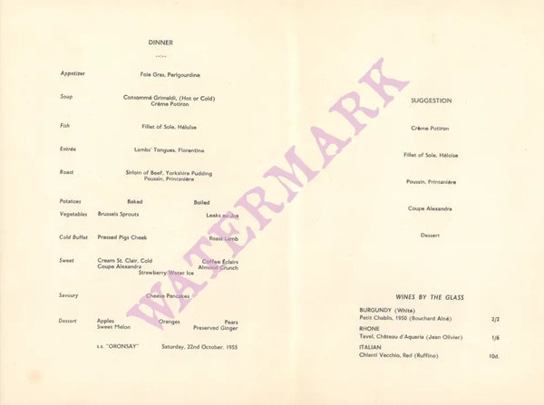 Steam Ship Oronsay 1955 Menu