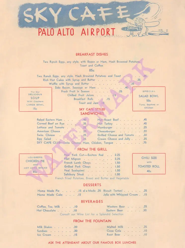 Palo Alto Airport Sky Cafe, 1948 Menu Art