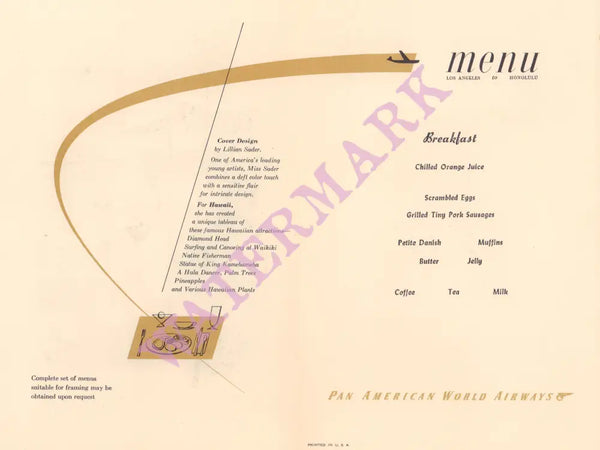 Pan Am Hawaii In-Flight Menu Art by Lillian Sader 1960s mENU