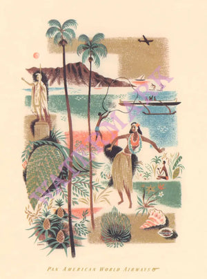 Pan Am Hawaii In-Flight Menu Art by Lillian Sadler 1957