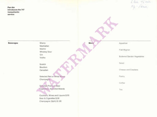 Pan Am New York - Paris Introducing the 747 Service Menu