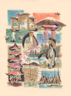 Pan Am Orient In-Flight Menu Art by Lillian Sadler 1957