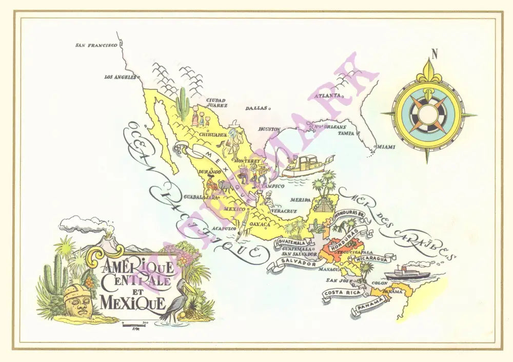 Pan American Amerique Centrale et Mexico 1960s Jacques Liozu Map menu art