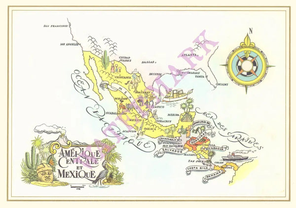 Pan American Amerique Centrale et Mexico 1960s Jacques Liozu Map menu art