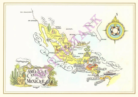 Pan American Amerique Centrale et Mexico 1960s Jacques Liozu Map menu art