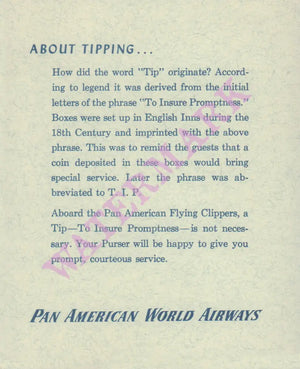 Pan American World Airways Clipper Bar 1930s | Vintage Menu Art - about tipping