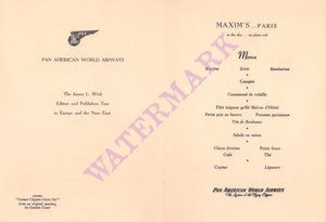 Pan American World Airways, James L. Wick Editors Tour to Europe 1952/3 in-flight menu