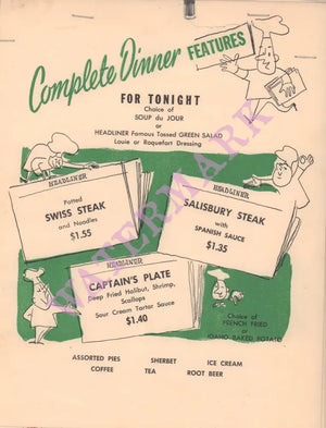 Pasadena Headliner, Pasadena 1950s Menu 