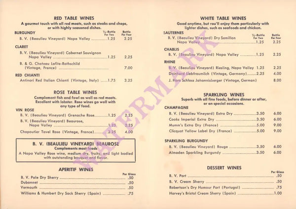 Paul's Fisherman's Galley, Redondo Beach 1960s Wine List